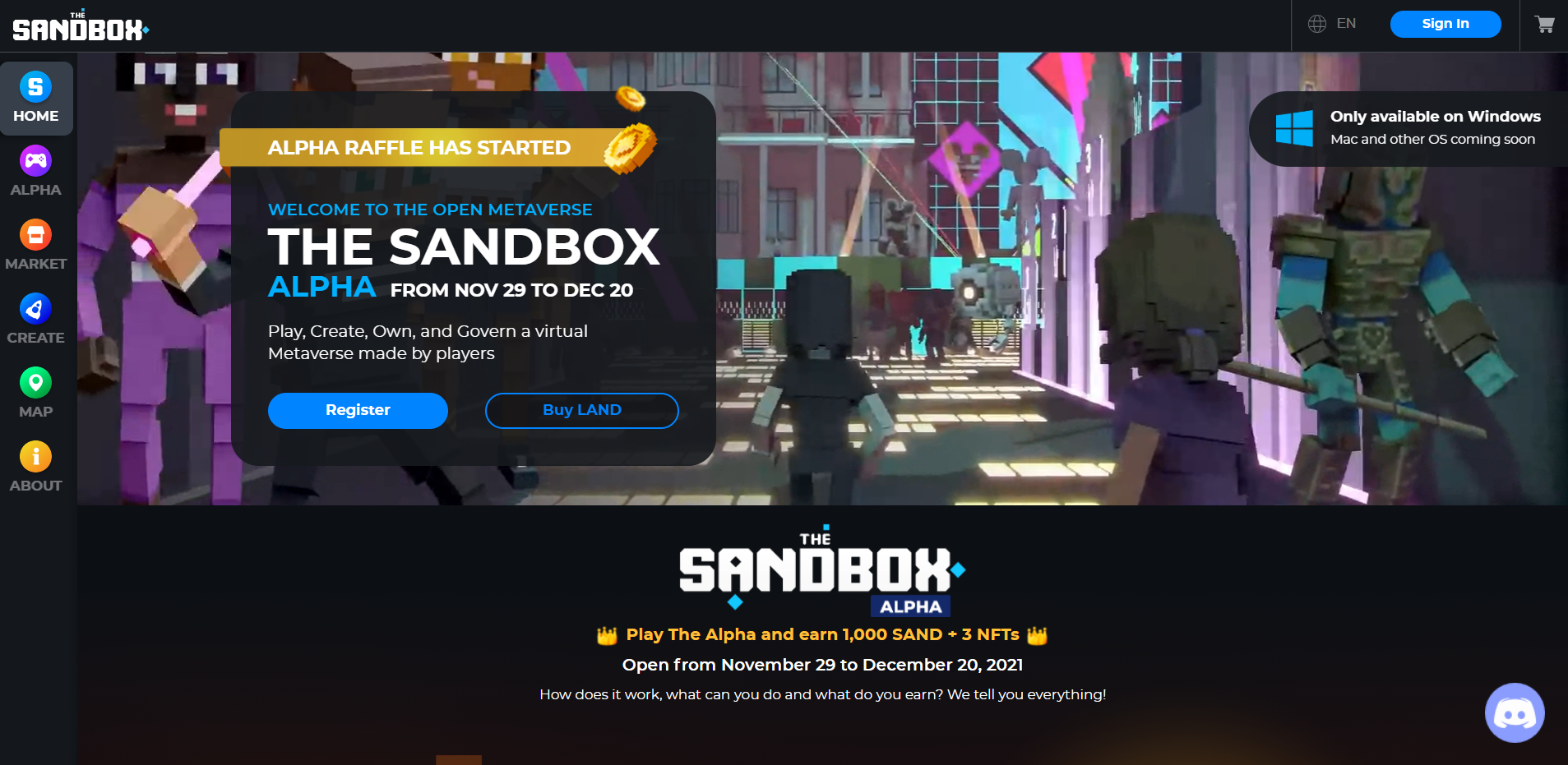 Screenshot of The Sandbox homepage