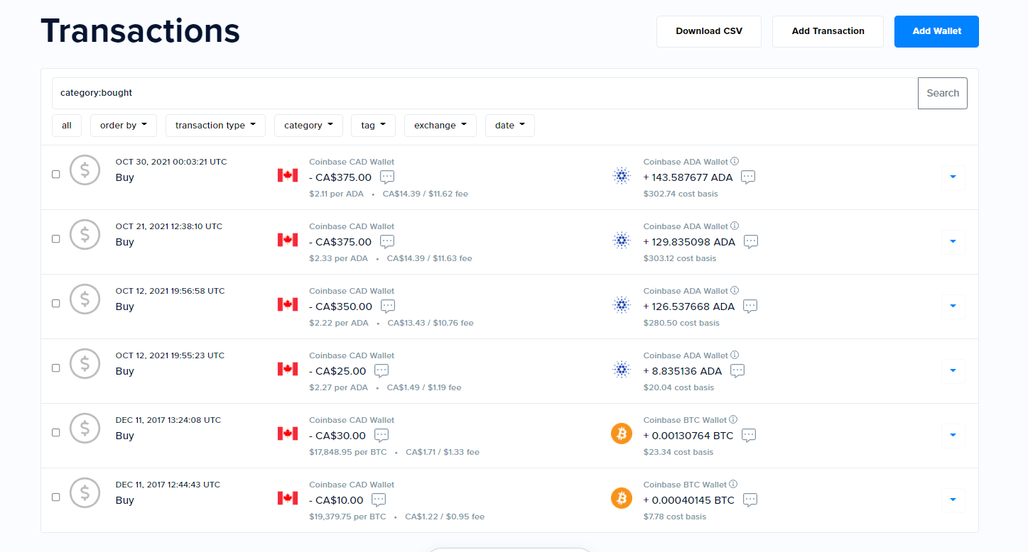 Screenshot of CoinTracker's transaction history tab