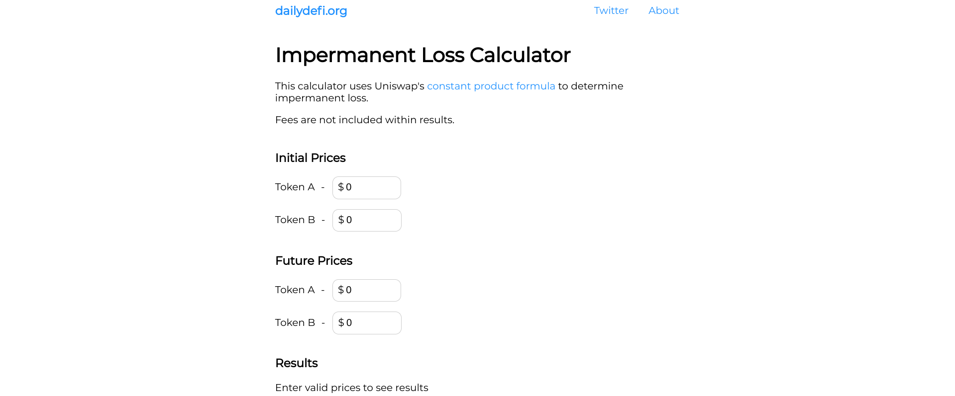 Screenshot of dailydefi.org's impermanent loss calculator