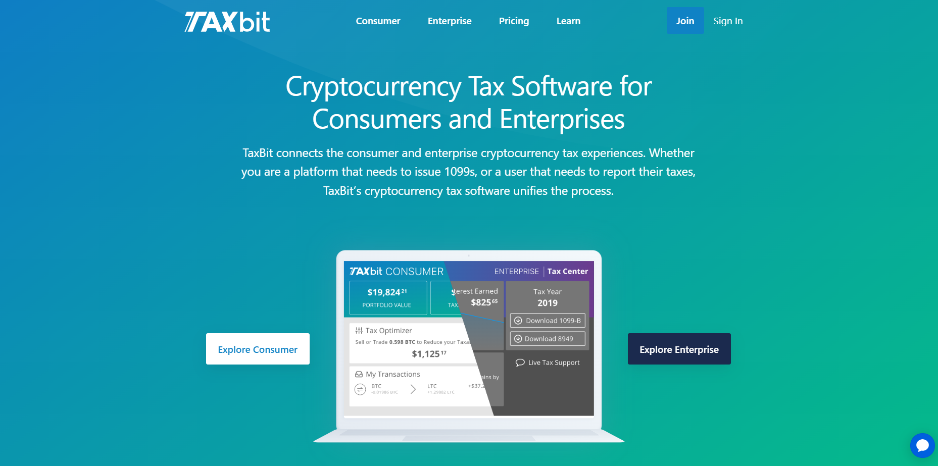 Screenshot of TaxBit homepage