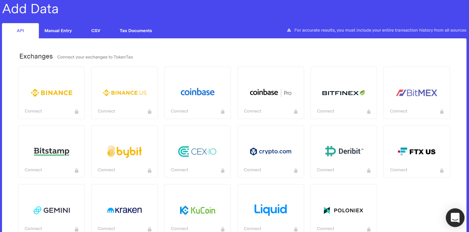 Screenshot of TokenTax's list of exchanges that can be connected via API