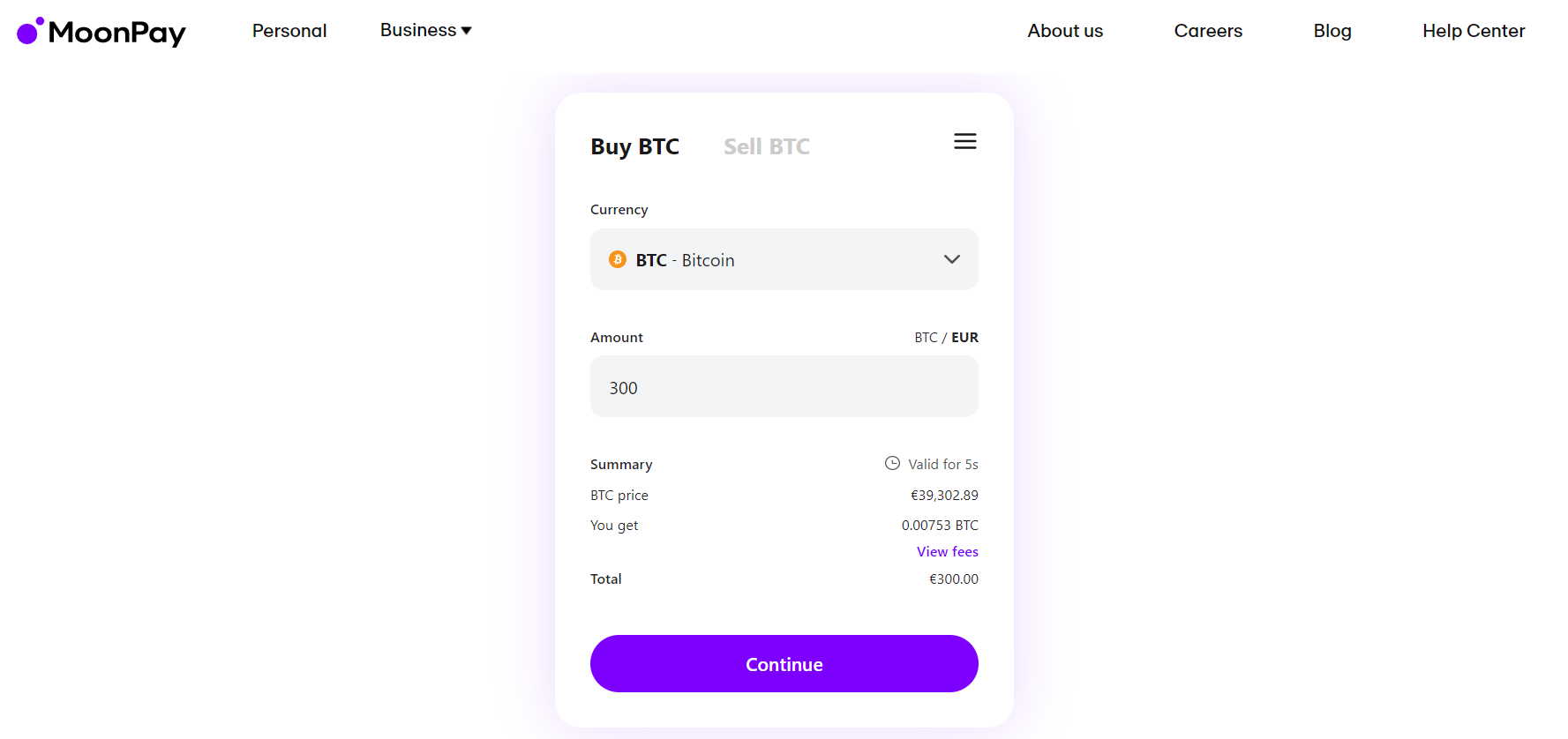 Screenshot of MoonPay's crypto purchase screen 
