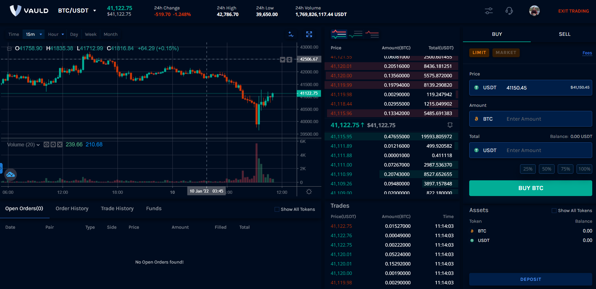 Screenshot of Vauld's Pro Trading platform
